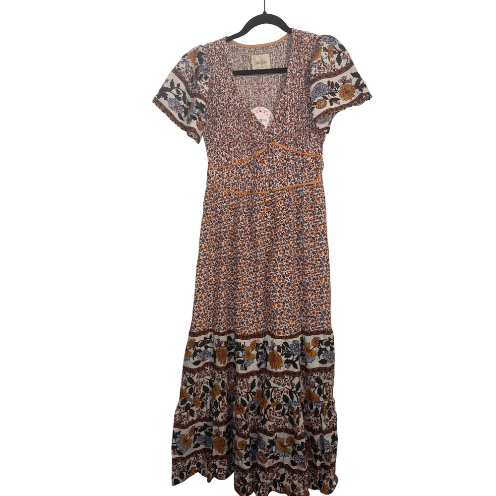Umgee Sz S Boho Floral Smocked Maxi Dress V-Neck Tiered Rayon Modest Hippie